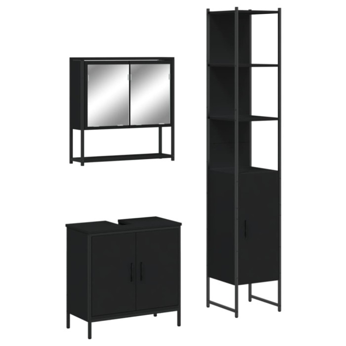 Set mobilier de baie, 3 piese, negru, lemn compozit