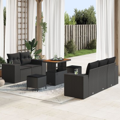 Set sofa gradina Gossi 8 piese cu perne negru poliratan acacia, set dining gradina Gossi 3 piese cu perne negru poliratan acacia foto