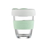 Pahar, portabil, cu capac, Mint, transparent, cu accente de verde, din sticla si silicon, 12.5 x 8.5 cm, ideal pentru transport si depozitare usoara, Oem