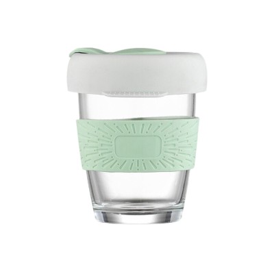 Pahar, portabil, cu capac, Mint, transparent, cu accente de verde, din sticla si silicon, 12.5 x 8.5 cm, ideal pentru transport si depozitare usoara foto