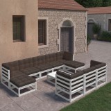 VidaXL Set mobilier grădină cu perne, 11 piese, alb, lemn masiv pin 3077170
