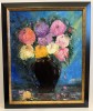 Pictura noua, tablou superb -Bujori in vas negru-ulei in pensula si cutit, inramat, pictor roman consacrat, Flori, Art Deco