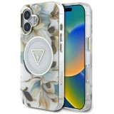Husa pentru iPhone 16 - Guess IML Metal Glitter Flowers Triangle MagSafe (GUHMP16SHFLPEDH) - White