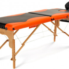 Pat masaj Bodyfit, 2 sectiuni, inaltime reglabila 61-84cm, husa transport, cadru lemn, piele ecologica, pliabil,negru/portocaliu
