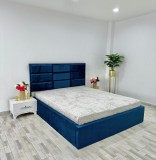 Pat matrimonial Roma Blu 160 cm x 200 cm tapitat stofa + Saltea + Noptiere Viena Albe