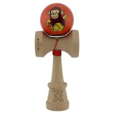 Kendama Originala, Brown Monkey, Super Sticky cu Cupe Mari King Size V3, Rulment Metalic si Gaura in Baza, din Lemn 18 cm, Ata 55 cm, Rosu