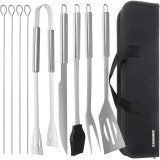 Set 9 Ustensile Gratar Otel Inoxidabil cu Husa - Cutit, Furculita, Spatula, Perie, Cleste + 4 Frigarui - Accesorii Premium pentru BBQ