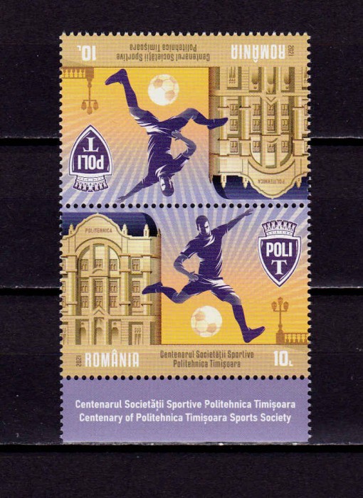 ✅RO 2021 LP 2349,&quot;Fotbal - Cent. Politehnica Timisoara&quot;,tete-beche in T1+tab,MNH