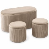 Set 3 tabureti bej cu spatiu de depozitare, design striat modern