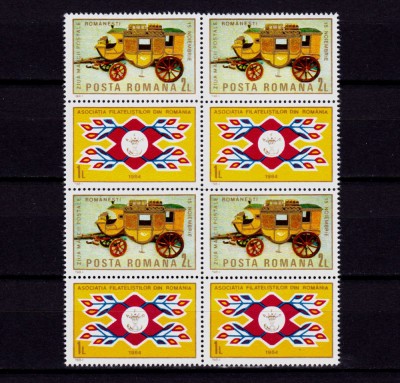 ✅RO 1984 LP 1114a &amp;quot;Ziua marcii postale romanesti cu vigneta&amp;quot; , bloc de 4 seri + viniete , MNH foto