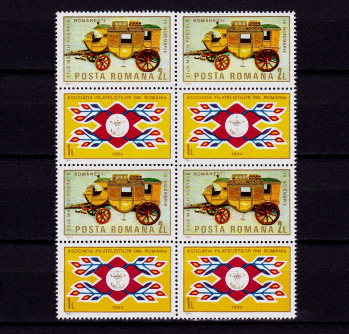 ✅RO 1984 LP 1114a &quot;Ziua marcii postale romanesti cu vigneta&quot; , bloc de 4 seri + viniete , MNH