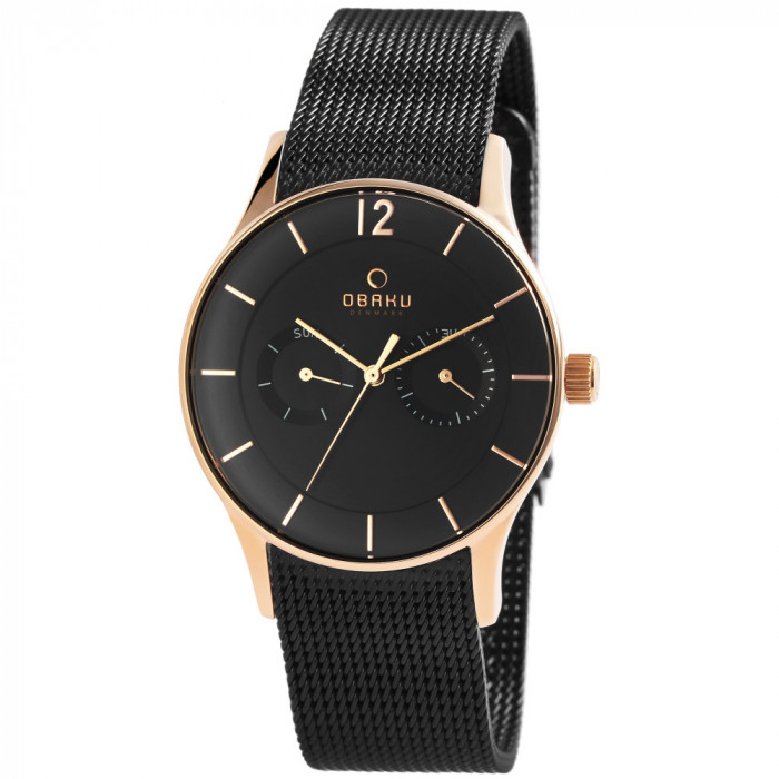 Ceas barbatesc, Obaku, cadran si bratara milanez negre, carcasa rose gold, zi, data