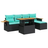 Set mobilier gradina perne 6 piese negru poliratan/lemn acacia