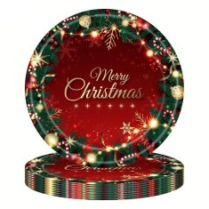 Set 16 Farfurii de Unica Folosinta, Cyrax, Model Merry Christmas, Tematica Craciun, 23 cm, Rosu/Verde