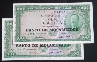 Mozambic, 2 x 100 Escudos 1961, UNC, Consecutive. foto