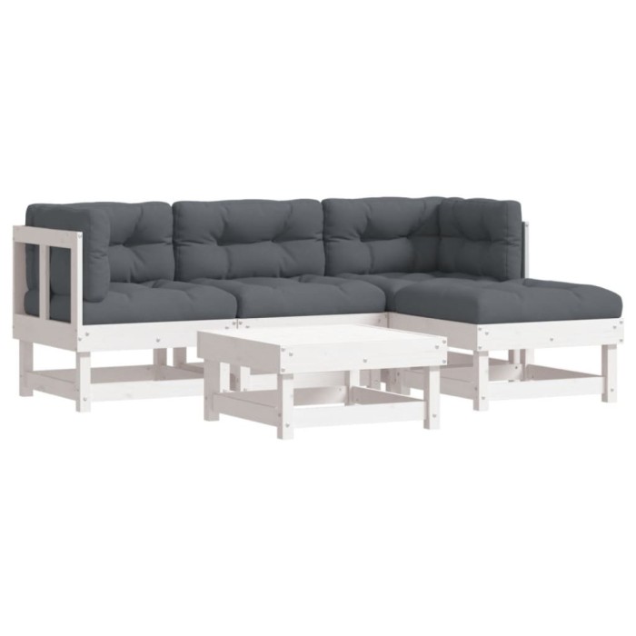 Set mobilier de gradina cu perne, 5 piese, alb, lemn masiv