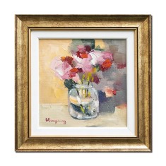 Tablou inramat pictat manual, Vaza cu petunii, stilizat, 30x30cm ulei pe panza in cutit efect 3D, Geo Ungureanu