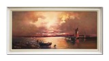 Tablou apus de soare cu pescari pictat manual inramat, 95x50cm ulei pe panza, Geo Ungureanu