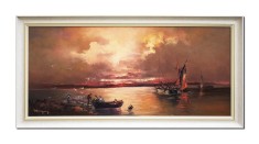 Tablou apus de soare cu pescari pictat manual inramat, 95x50cm ulei pe panza, Geo Ungureanu foto