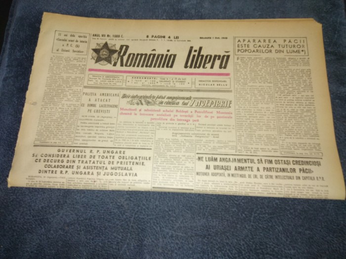 ZIARUL ROMANIA LIBERA 1 OCTOMBRIE 1949 NOUL MERS AL TRENURILOR