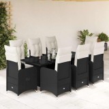 Set bistro de grădină, 9 piese, cu perne, negru, poliratan