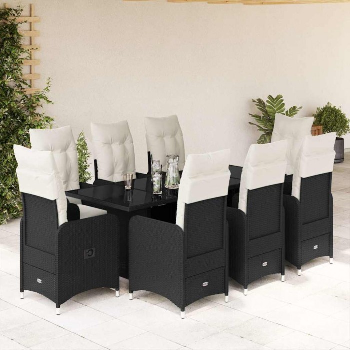 Set bistro de grădină, 9 piese, cu perne, negru, poliratan