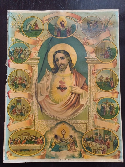 PM405N Viața lui Isus, litografie rom&acirc;nească religioasă de epocă