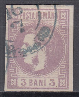 ROMANIA 1868 LP 22 REGELE CAROL CU FAVORITI 3 BANI VIOLET STAMPILAT foto