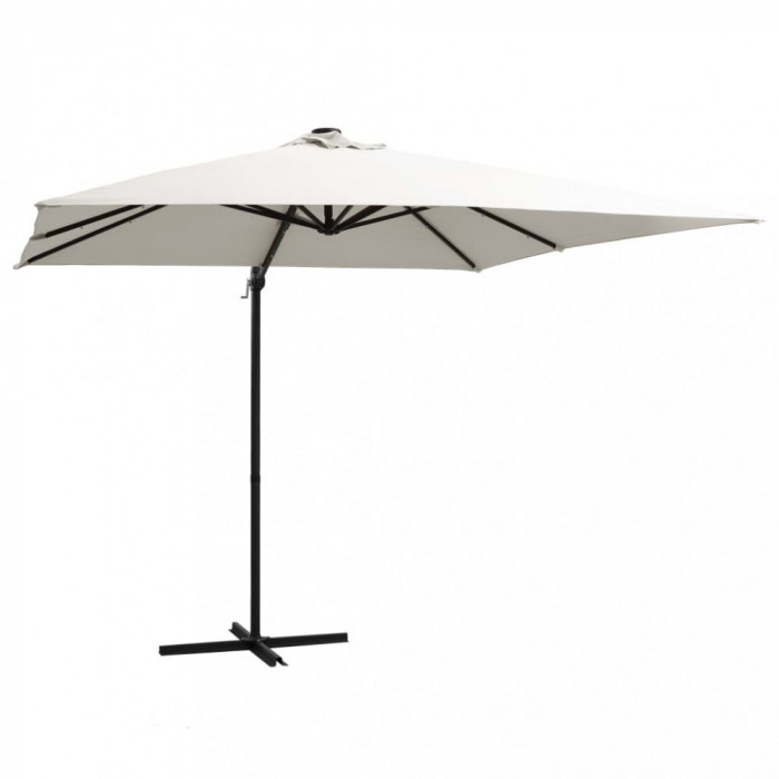 Umbrelă suspendată cu LED, st&acirc;lp din oțel, nisipiu, 250x250 cm