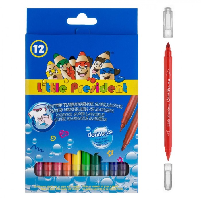 Set Carioci, Little President, Double Tip, 12 Bucăți, Varf Subtire, Multicolor