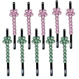 Cumpara ieftin Agrafe par roz si verde deschis 5 x 1 cm cu pietre artificiale, set 10, 5 roz si 5 verde deschis, model floral pentru coc, suvite si coafuri elegante