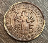 C50 CL 1 - Moneda foarte veche - Cipru - 5 mils - 1954