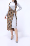 Vesta lunga de dama tip rochie cu imprimeu etnic si inchidere cu un nasture, in nuante pamantii, de toamna, multicolor, S