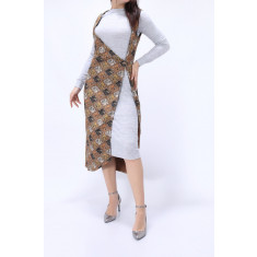 Vesta lunga de dama tip rochie cu imprimeu etnic si inchidere cu un nasture, in nuante pamantii, de toamna, multicolor, S