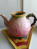 Ceainic antic Barbotine Majolica Sarreguemines model 766 - Lotus roz - anul 1880