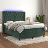 vidaXL Pat cu arcuri, saltea și LED, verde &icirc;nchis, 140x200 cm, catifea