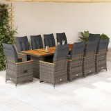 Set bistro de grădină cu perne, 11 piese, gri, poliratan