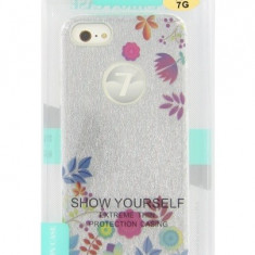 Husa silicon slim argintie glitter (flori multicolore) pentru Apple iPhone 7, 8, SE2 2020, SE3 2022