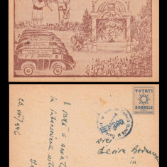 1946 Caravana Teatrului National Satesc, cp ilustrata propaganda Votati Soarele