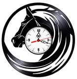 Ceas de perete decorativ din disc de vinil, Model Cap de Cal cu Coamă Dinamică, Negru, 30 cm