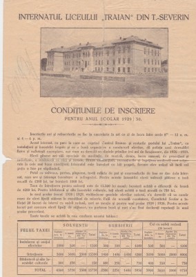 Liceul Traian Turnu Severin Internat Conditiunile de Inscriere pentru Anul Scolar 1929-1930 foto