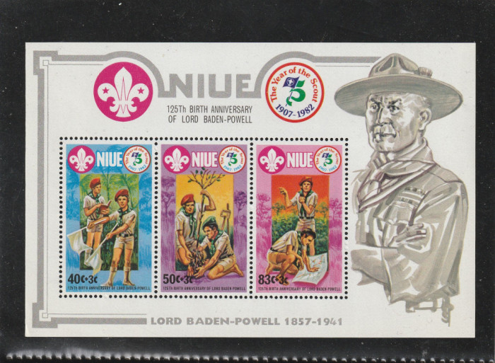 Niue 1983-Cercetasi,Comemorare Baden-Powell,,bloc 3 val.dantelate,MNH,Mi.Bl.64