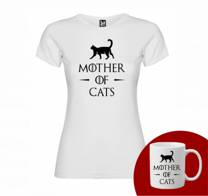 &quot;Mother of cats&quot; Set Personalizat &ndash; Tricou + Cană Alb M