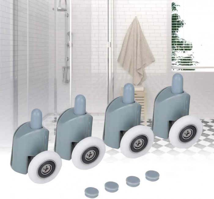 Set 4 role pentru usa glisanta dus, Mmgoqqt, Inox/Nylon, Gri/Alb