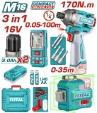 TOTAL - KIT COMBO 16V - MASINA DE INSURUBAT, TELEMETRU LASER, NIVELA LASER (NU INCLUDE ACUMULATOR) PowerTool TopQuality