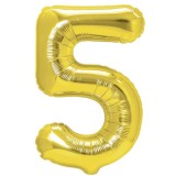 Balon din Folie Metalizata, Figurina Cifra, Tema Aniversare 40 cm, Ambalaj Individual, Pai inclus, Umflare cu Aer sau Heliu, Auriu, Cifra 5