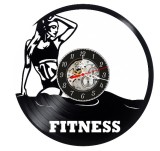 Ceas Perete Disc Vinil Fitness Girl Femeie Atletica Negru 30cm Decorativ Cadou Sport