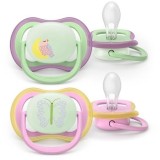 Cumpara ieftin Set 2 suzete Philips Avent Ultra Air SCF376/29 care lasa pielea bebelusului sa respire, ortodontice, fara BPA, 6-18 luni, pentru noapte, cu buton fosf