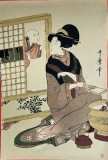 Stampă japoneză 5 / Cromolitografie veche (1978), KITAGAWA Utamaro, pentru calendar Teiijin, sub dir KIKUCHI Sadao de la Muzeul Național din Japonia,