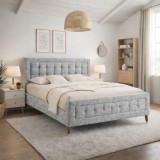 Pat matrimonial Melodie, elemente lemn masiv, tapitat cu stofa, cu somiera,160x200 cm, gri